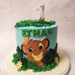 This azure foundation is adorned with meticulously crafted buttercream flora, evoking the lush verdancy of the African savannah on this Lion King theme cake.