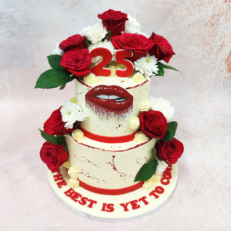 Adorning the front of this Lips Cake design, is of course, a set of dramatic red lips, dripping with glittering detail. 