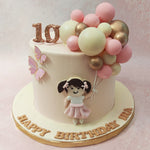 Furthermore, a host of realistic, pink and edible butterflies can be seen perched on this little girl with balloons cake adding to the imagery of youthfulness and innocence.