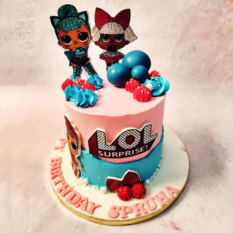 At the centre of attention, the iconic LOL Surprise logo gleams proudly on this Toy Theme Cake, surrounded by edible figurines of the beloved dolls, each with their unique flair and style.