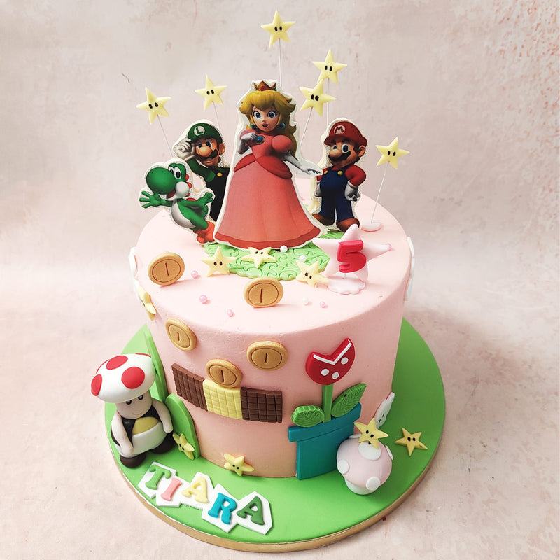 But that's not all – brace yourself for the delightful appearances of the Piranha Plant and the ever-charming Toad at the bottom of this Princess Peach Cake design.
