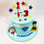 Set against a serene sky-blue backdrop, this Marshall Paw Patrol Cake showcases meticulous attention to detail.