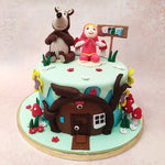 The top of this Masha and The Bear birthday cake for kids is a picturesque recreation of the forest in which Masha lives with red and pink flowers and mushrooms, and the entrance to Big Bear's treehouse! 