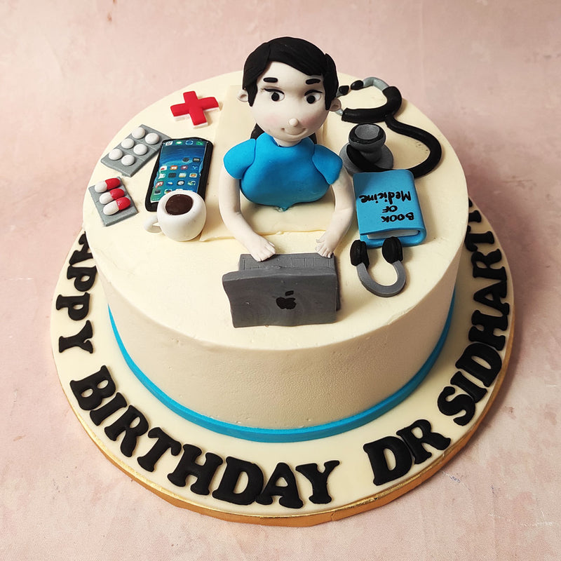 This pristine white doctor cake sets the stage for a scene that captures the essence of a doctor's life.