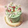 Long, slender mushrooms in hues of pink and white peek out from beneath a canopy of foliage on this Storybook Cake.