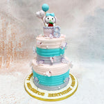 This My Melody Cake features My Melody herself perched cheerfully atop the design, holding a strawberry, surrounded by pastel balloons that match the soft and dreamy colour palette of the entire creation. 
