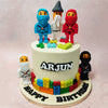 But what truly sets this Lego theme cake apart are the edible miniature models of ninja figurines scattered all over. 