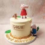 The white base of this simple Peppa cake serves as a canvas for the enchanting world of Peppa and her family to come to life.