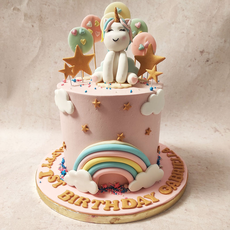 Once upon a time, in the heart of a magical kitchen where dreams are baked into reality, a soft light pink canvas made from the fluffiest sponge whispered tales of this pink unicorn cake. 