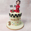With a white base adorned with the iconic chequered flag pattern, the design of this Race Car Cake sets the stage for a thrilling race to the finish line. 