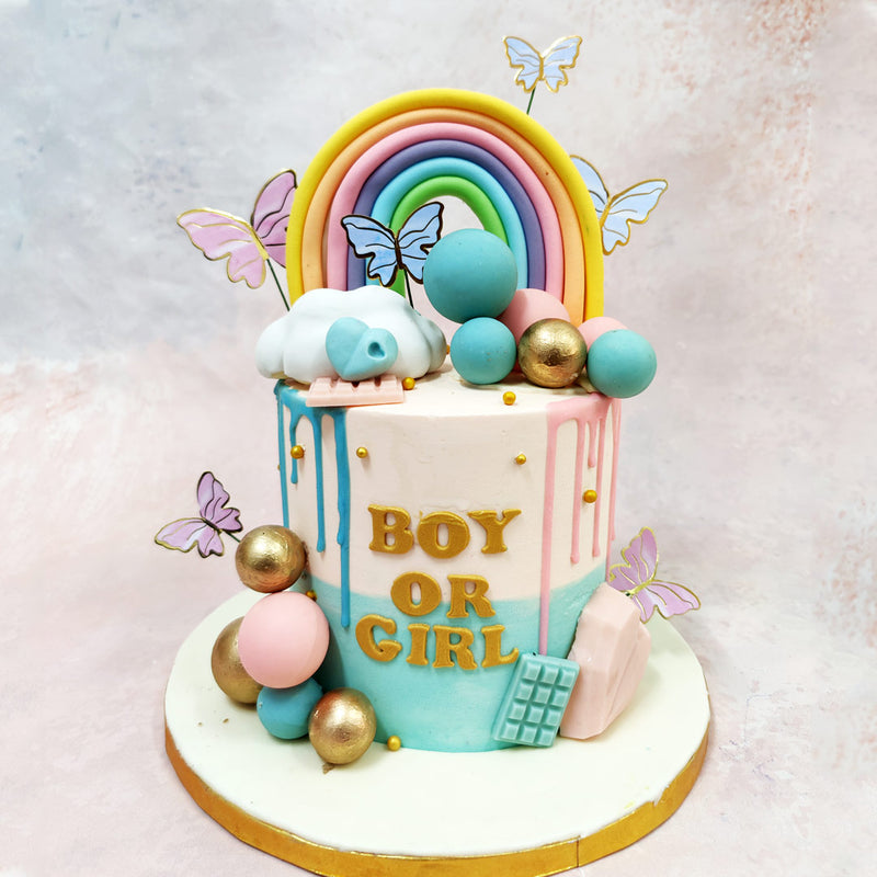 The pristine backdrop of this Rainbow Drip Baby Shower Cake is artfully adorned with contrasting drips of soft blue and delicate pink, symbolising the age-old question that brings loved ones together in joyful speculation.