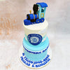 This handcrafted decoration on this Retirement Cake is striking, with its rich blues and gold accents, offering a perfect blend of playfulness and sophistication. 