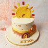 The centrepiece of this Sunrise Cake is a cheerful sun, symbolising new beginnings and the bright future ahead, crafted in vibrant yellow and orange hues. 