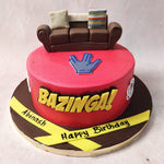 Sheldon Cooper's famous exclamation after pulling a prank has now been turned into this one of a kind Bazinga cake, recreating the famous BBT couch set on top of a red base which matches Sheldon's iconic shirts. 