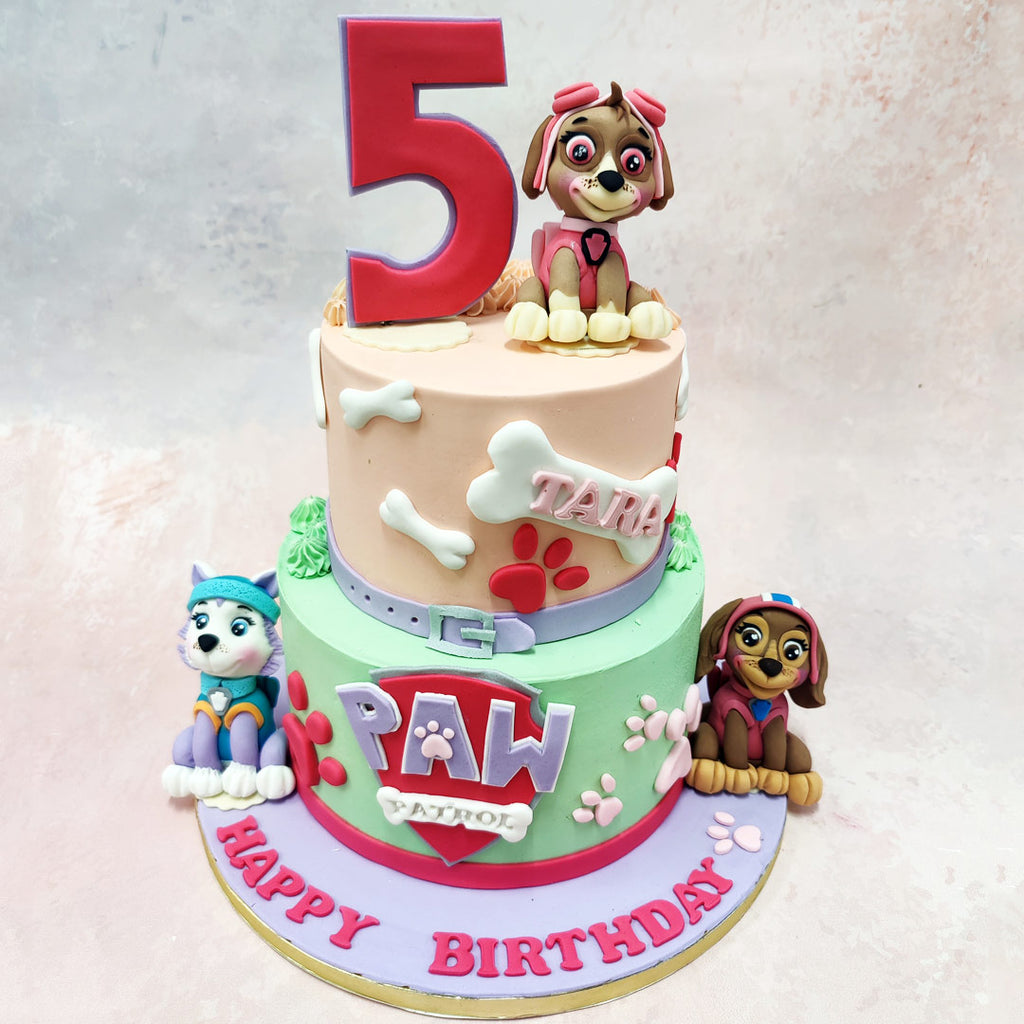 The top tier of this Birthday Cake For Kids, in soft blush pink, is adorned with charming edible bones and delicate paw prints, evoking the spirit of Skye’s adventurous personality. 