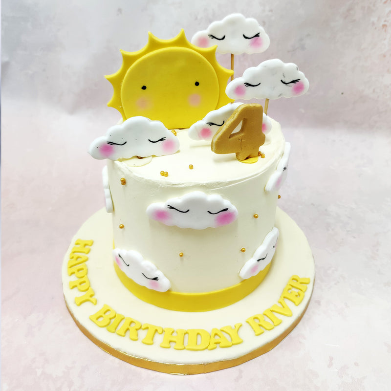 Sleeping cloud party cake motifs float gracefully against this Sleepy Cloud Cake, each cloud adorned with rosy cheeks and peaceful expressions. 