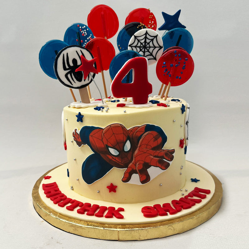 We've got spiders and webs crawling all over the Spiderman birthday cake for kids, adding a touch of excitement and danger to the design.