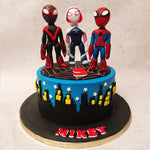 In a cityscape frosted with the hues of night, where buildings cast long shadows in black and yellow, a Spider-Verse Cake design emerges that is as heroic as it is sweet. 