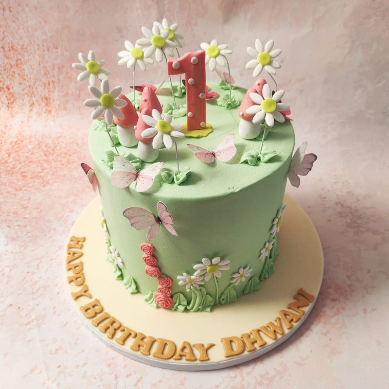 Graceful 3D butterflies flutter gracefully around this Mushroom Forest Cake, their delicate wings glistening in the dappled sunlight.