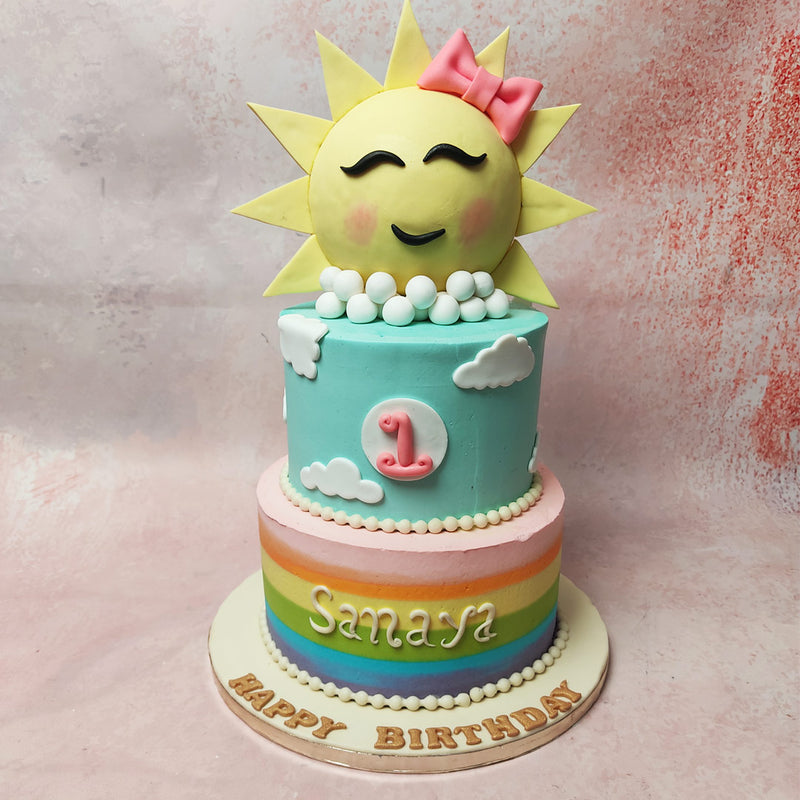 At the pinnacle of this edible masterpiece is our cheerful edible sun, making it the quintessential Sunny Day Cake. 