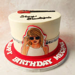 The centrepiece of this Swifty Cake is a vibrant depiction of Taylor Swift herself, complete with her signature blonde hair, red lipstick, and iconic sunglasses, instantly recognisable to any Swiftie. 