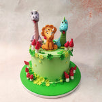 On a vibrant green base adorned with lush yellow flowers and delicate mushrooms, our The Land Before Time Cake transports you back to the prehistoric era of the beloved movie, The Land Before Time. 