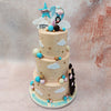 Embedded into the top of this three tier cloud cake is the figurines of a little girl holding up a cloud standing in front of a large, blue star and behind some fluffy, white clouds.