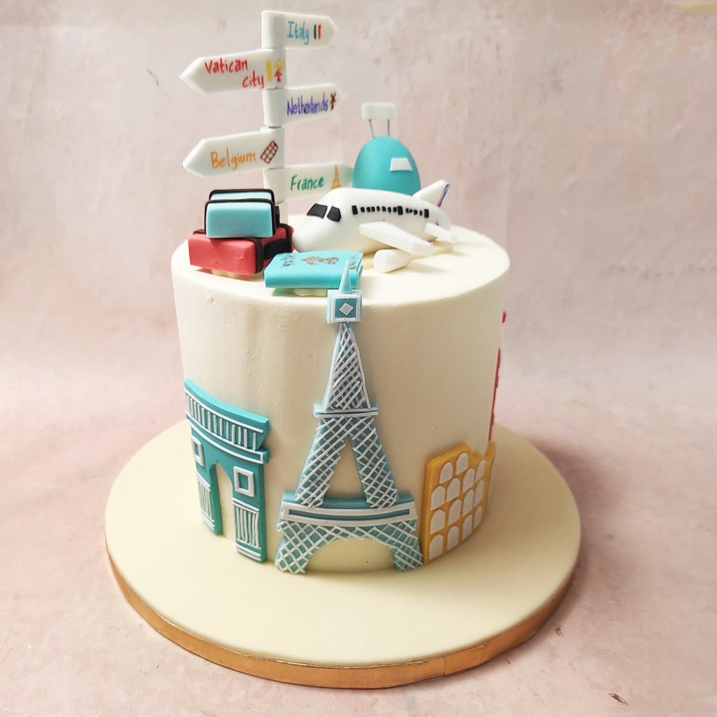 Spot a sleek aeroplane soaring atop this Travel Cake, as if daring gravity to keep it grounded. 