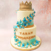 A regal, gold crown resting on top of this two tier blue butterfly cake completes the look. Butterflies are the ideal symbols of newness as apart from their beauty, they symbolise change, transition, hope and life. 