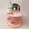 Edible pearls are delicately placed around the rainbow unicorn birthday cake for girls, adding a touch of elegance and sophistication and complementing the rainbow on top
