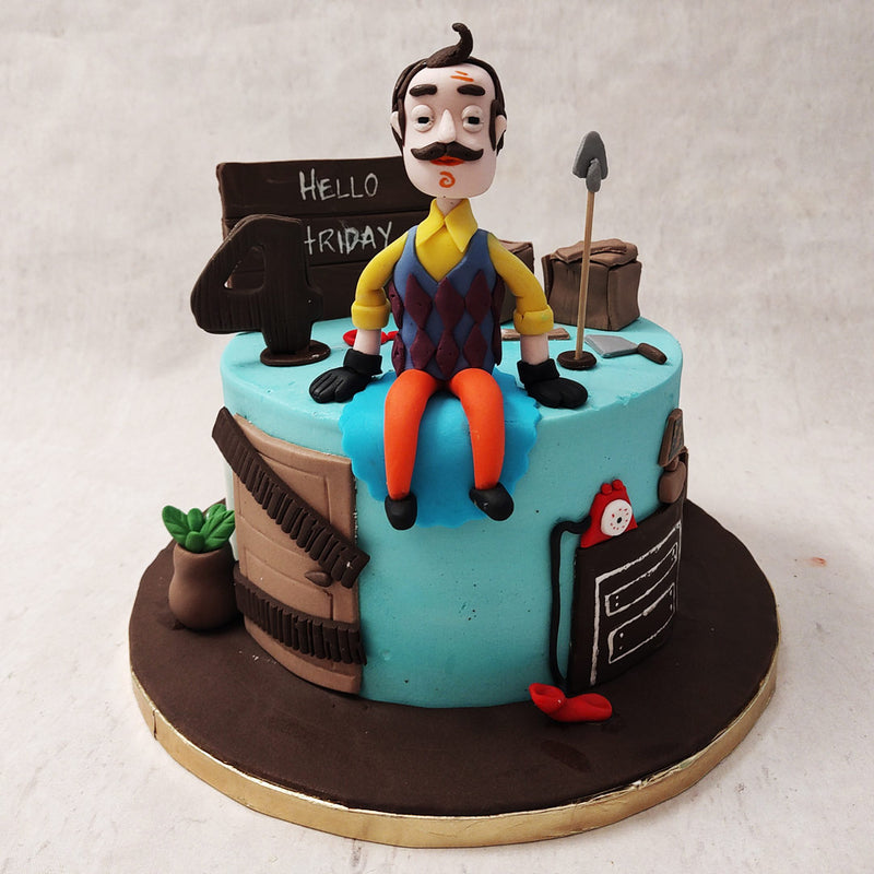 Elements from the game such as the door that's been bolted shut, the drawers with the red telephone and lamp on top, the crates and the shuffle have been recreated and used to ornament this Hello Neighbor birthday cake for gamers. 
