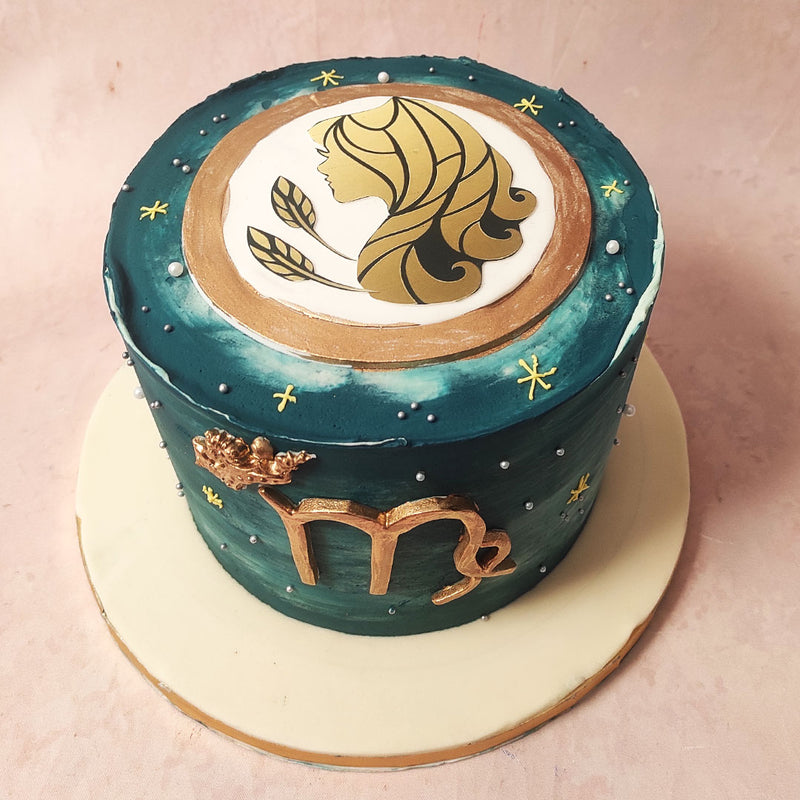 Prominently featured on the circumference of this Virgo birthday cake is the iconic Virgo symbol ‘♍︎’, crafted in radiant gold. 