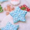 Close-up of a blue snowflake star Christmas sugar cookie with intricate white icing decoration