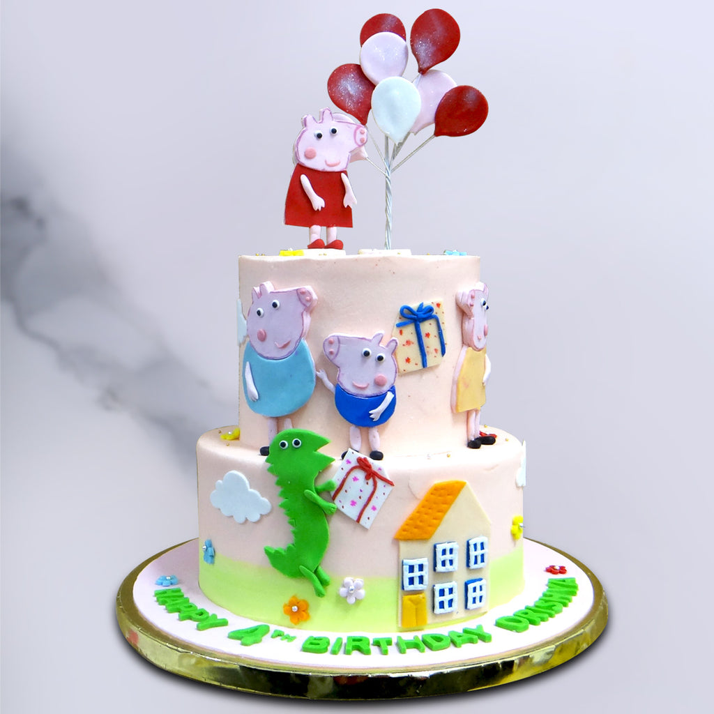 This 2 tier peppa pig cake is where all peppa's family comes together to celebrate your kids special day. This is surely the best birthday cake a kid will ever wonder for