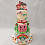  This Cocomelon 3 tier cake is a tangible version of your kids favourite show that brings to life in the most playful and delicious way everything they love about it. Let the 3 tier Cocomelon cake  fun and games begin!
