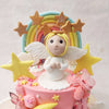 Amidst the buttercream embellishments, realistic butterfly figurines can be seen perched all over this rainbow angel cake, adding to this piece's magic. 