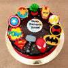 Top view of avengers cake where you can see all the super hero present on top of the cake. You name it and we have all the super hero present here from iron man to superhero, everyone is assembled to celebrate your kids birthday 