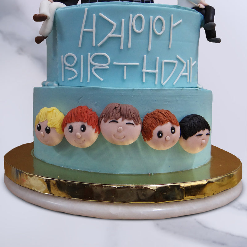 Zoomed view of bts birthday cake where you can see the smiling faces of BTS band stars beautifully decorated on this bts cake