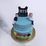 Top view of BTS cake with all the elements of this beautiful BTS theme case is clearly visible and there also a special birthday message on this cake from BTS band written on the cake