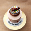 Top view of biryani cake where you can see a pot filled with biryani in the form of cake. This biryani theme cake is definitely the best birthday cake for biryani lover