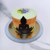 The tiered orange and pale green background of the buddha cake design gives an ethereal halo effect to offset the image of the ‘Awakened One’, sitting in calm contemplation. The golden base with his reflection adds perfectly to the overall essence of this birthday cake for dad/mom.