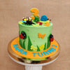 Front view of bugs theme cake which shows you the over all view of the cake. There are lot of small bugs and insects made out of fondant just to keep the curiosity of the kids as his kids birthday cake