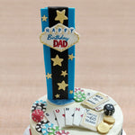 Top view of casino theme cake or poker theme cake where you can see a detailed vegas scene on top of this cake