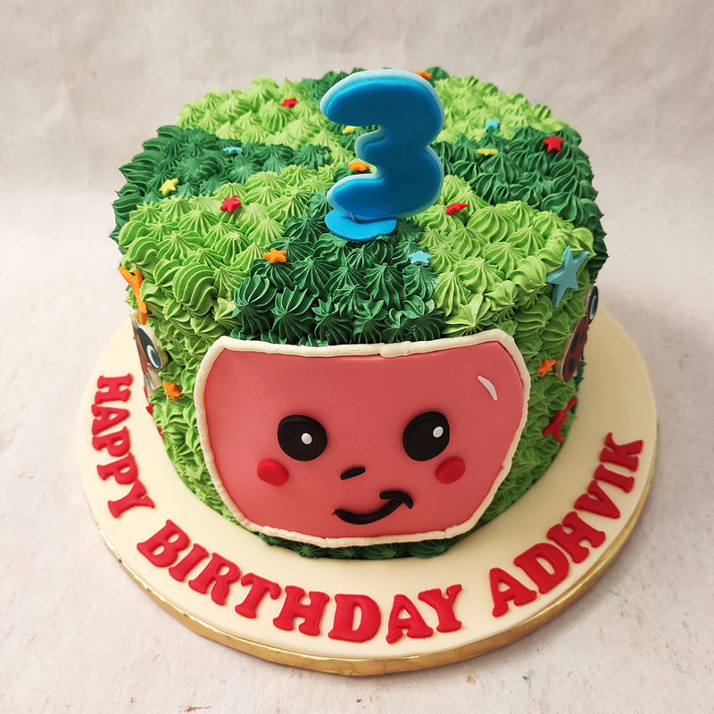 The colourful nature of this Cocomelon watermelon cake is reflective of the show which has so many lively and vibrant elements that completely stimulate your child's neural activity and triggers all their happy hormones!