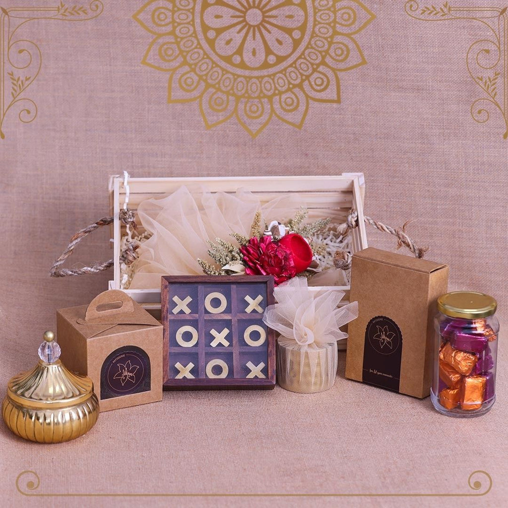 Rakhi Gifts-Bamboo Box Of Bites and Cookies with 2 Rakhis – Ghasitaram Gifts