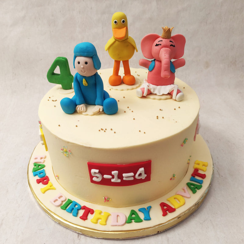 A math problem is displayed on the circumference of this Elly Pocoyo cake, alluding to the show's capacity to make learning fun.