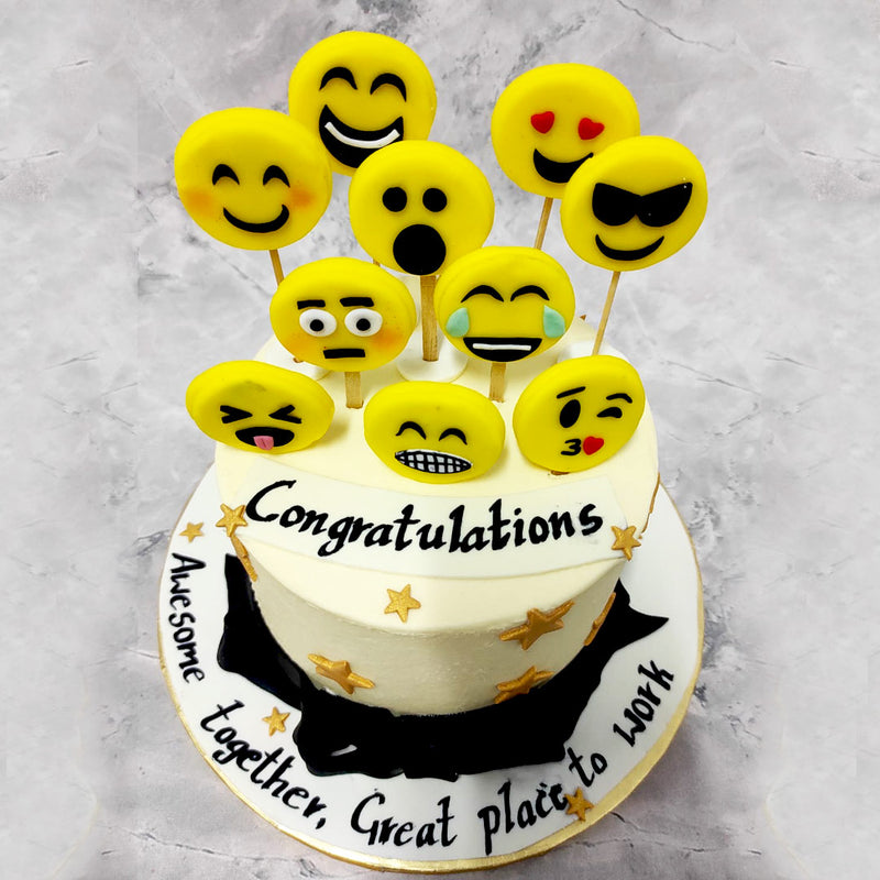 An emoji or a smiley is usually embedded in text to fill in emotional cues otherwise missing from typed conversation. Here emojis are embedded into a smiley emoji cake to add in our heartfelt sentiment.