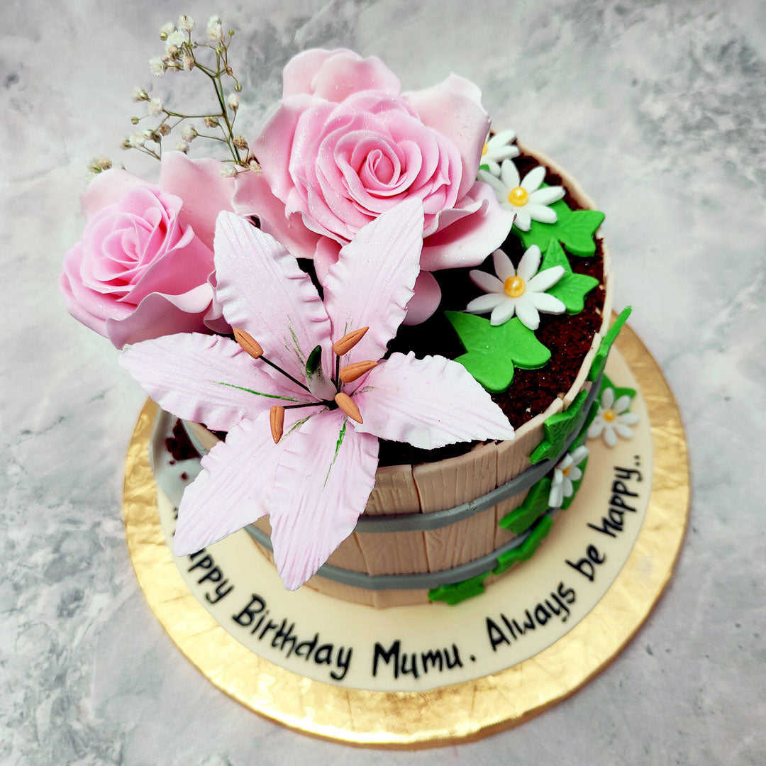 Flower Themed Birthday Fondant Cake - Bakersfun