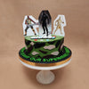 The G.I.Joe logo has been created in edible, two-dimensional form and displayed on top of this kids birthday cake in a very realistic way and green, 2D letters like the colour of kryptonite are used around the base of this G.I. Joe theme cake to display your personal message like this one that says,"Happy Bday our superhero"