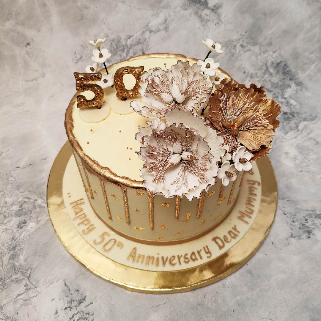 Golden Drip Floral Anniversary Cake | Order Custom Cakes in ...